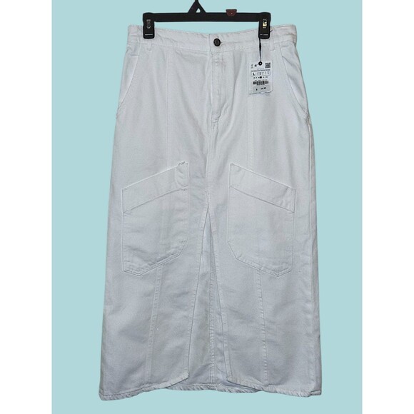 ZARA The Cargo White Denim Maxi  Front Slit Skirt NWT Light Academia Preppy Core - Picture 2 of 7